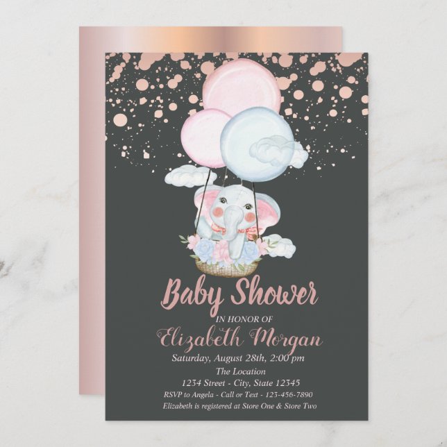 Niedlicher Elefant, Luftballon, Rose Gold Baby Dus Einladung (Vorne/Hinten)