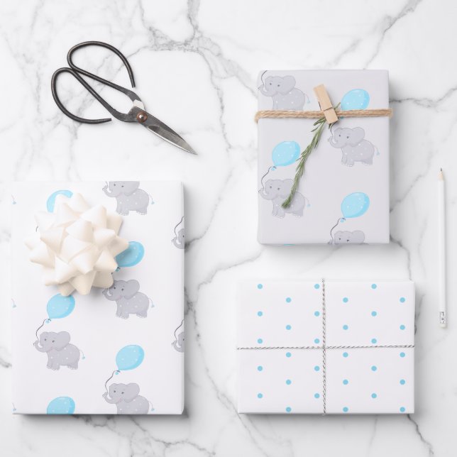 Niedlicher Elefant mit Ballon | Baby Boy Geschenkpapier Set (Vorderseite)