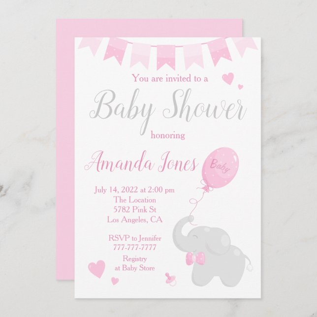 Niedlicher Elefant mit Balloon Baby Shower Girl Einladung (Vorne/Hinten)
