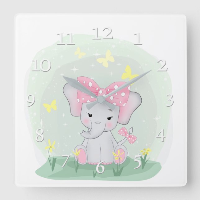  Niedlicher Elefant mit einem rosa Bug in einer Cl Quadratische Wanduhr (Vorderseite)