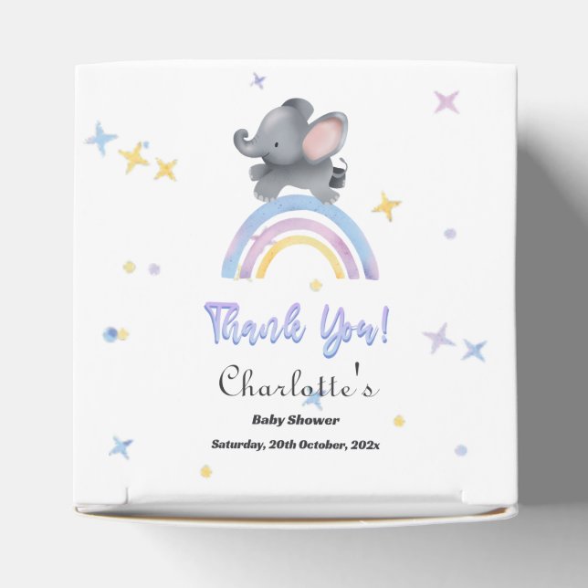 Niedlicher Elefant mit farbenfroher Rainbow Baby-D Geschenkschachtel (Oben)