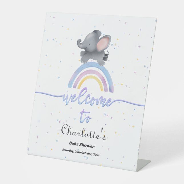 Niedlicher Elefant mit farbenfroher Rainbow Baby-D Sockelschild (Vorderseite)