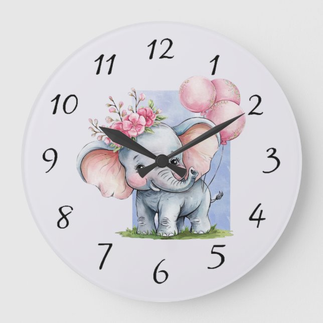 Niedlicher Elefant mit Pink Balloons Girl-Geschenk Große Wanduhr (Vorderseite)