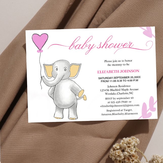 niedlicher Elefant mit rosa Herzbabydusche Einladung (Von Creator hochgeladen)