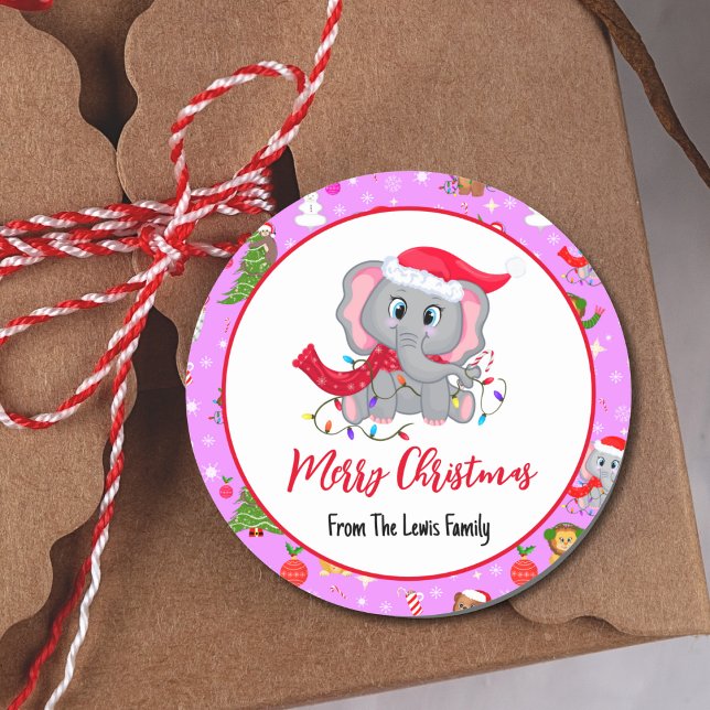 Niedlicher Elefant mit Zootieren in Rosa Runder Aufkleber (Von Creator hochgeladen)