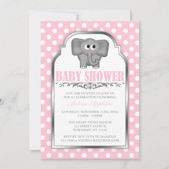 Niedlicher Elefant Pink Polka Dot Baby Dusche Einladung (Vorderseite)