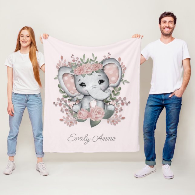 Niedlicher Elefant Rosa Blumengrün Kindername Fleecedecke (Beispiel)