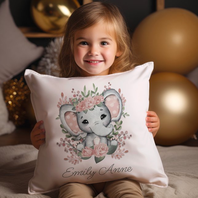 Niedlicher Elefant Rosa Blumengrün Kindername Kissen (Cute pink princess elephant decorator pillow personalized with your child's name.)