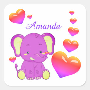 Niedlicher Elefant Rosa Lila Herz Quadratischer Aufkleber