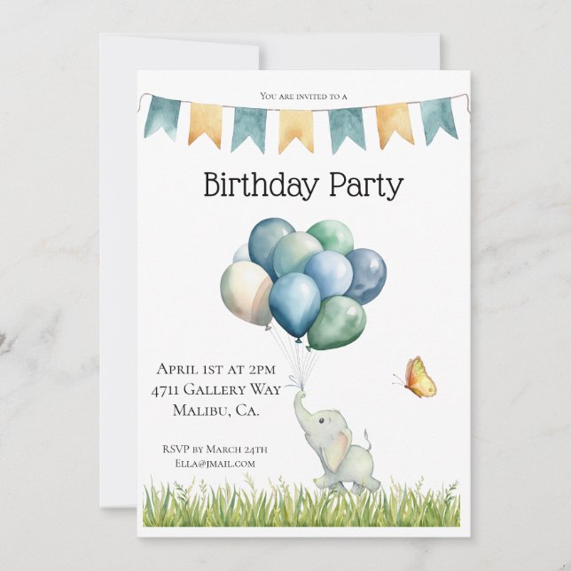 Niedlicher Elefant und Ballons Dankeskarte (Vorderseite)