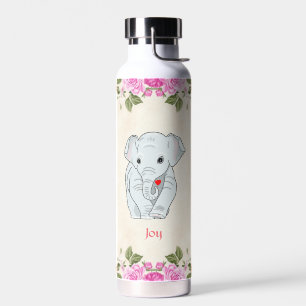 Niedlicher Elefant und rosa Blumen Wasserflasche Trinkflasche