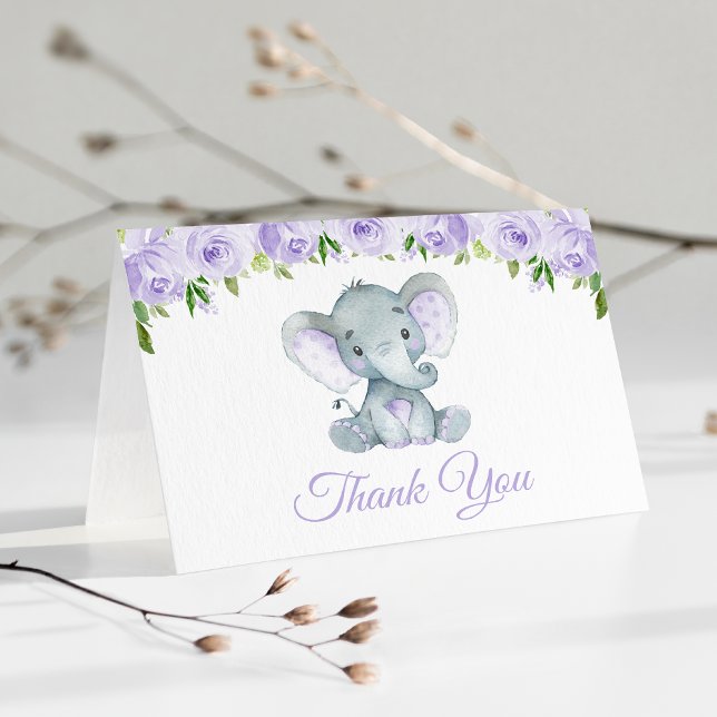 Niedlicher Elefant, violette Blumen, erster Geburt Dankeskarte (Von Creator hochgeladen)