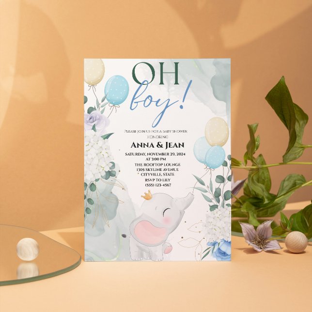 niedlicher Elefant Watercolor Ballon Babydusche Einladung (cute elephant Watercolor blue flower greenery balloon baby shower boy)