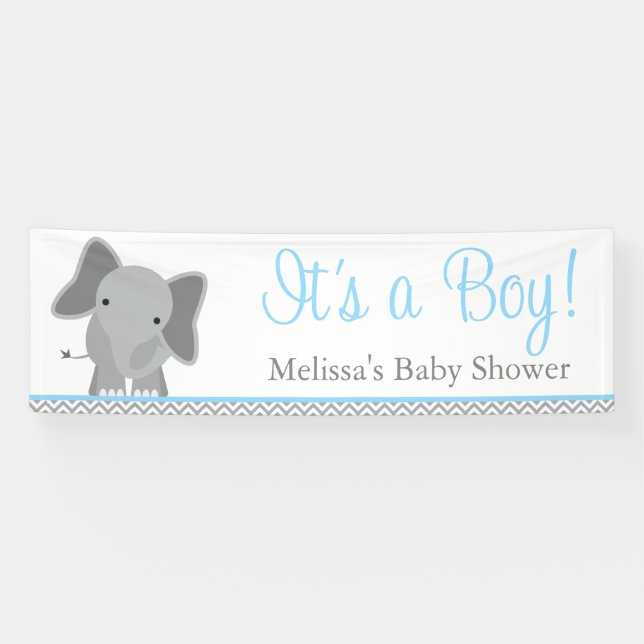 Niedlicher Elefant-Zickzack hellblaue Baby-Dusche Banner (Horizontal)