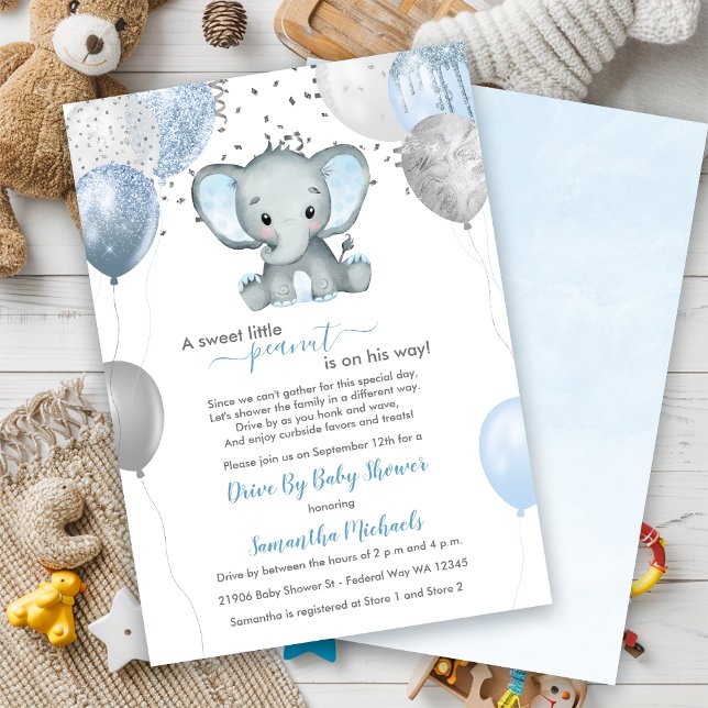 Niedlicher Elefantenballon mit Babydusche Einladung (Cute Boy Elephant Balloons Drive By Baby Shower Invitation)