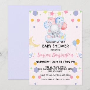 Niedlicher Elefantenstar Ballon Babydusche Party K Einladung
