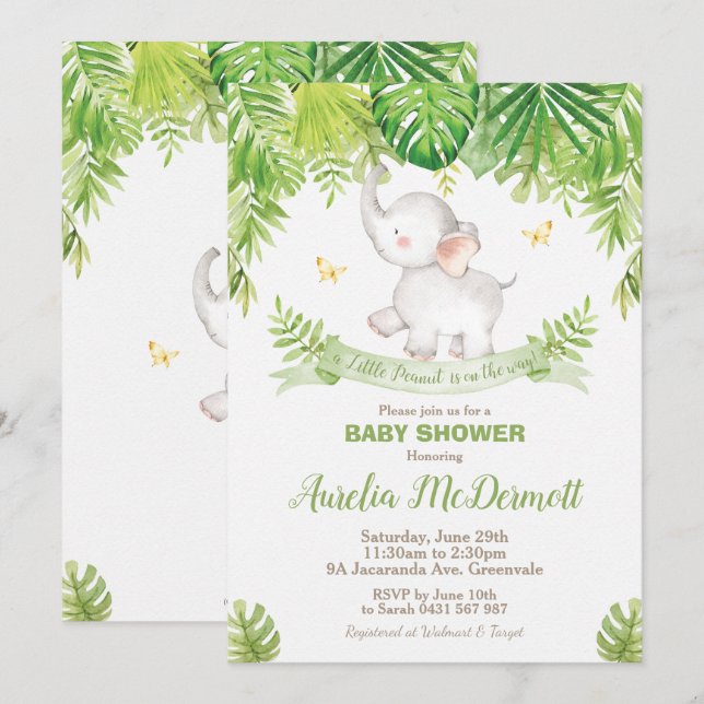 Niedlicher Elephant Baby Shower Jungle Animals Boy Einladung (Vorne/Hinten)