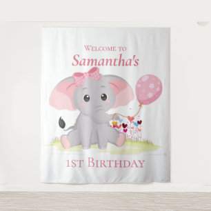 Niedlicher Elephant-Ballon Girl Geburtstagsgrinsen Wandteppich
