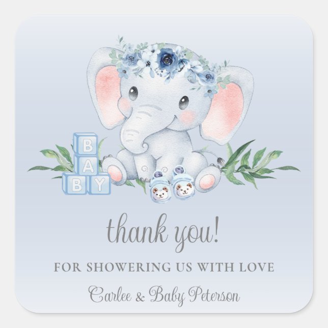 Niedlicher Elephant Blue Floral Boy Babyaufkleber Quadratischer Aufkleber (Vorderseite)