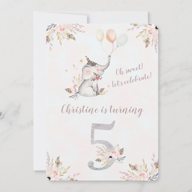 Niedlicher Elephant Boho Floral Fünftter Geburtsta Einladung (Vorderseite)