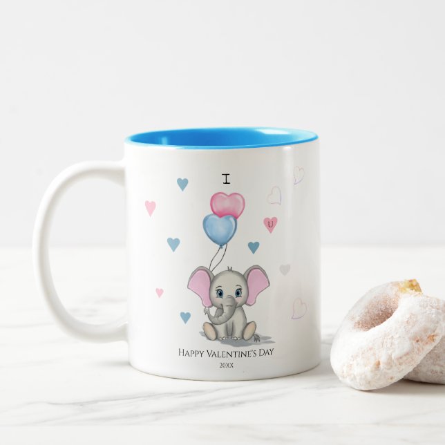 Niedlicher Elephant-Cartoon | Personalisiert Valen Zweifarbige Tasse (Mit Donut)