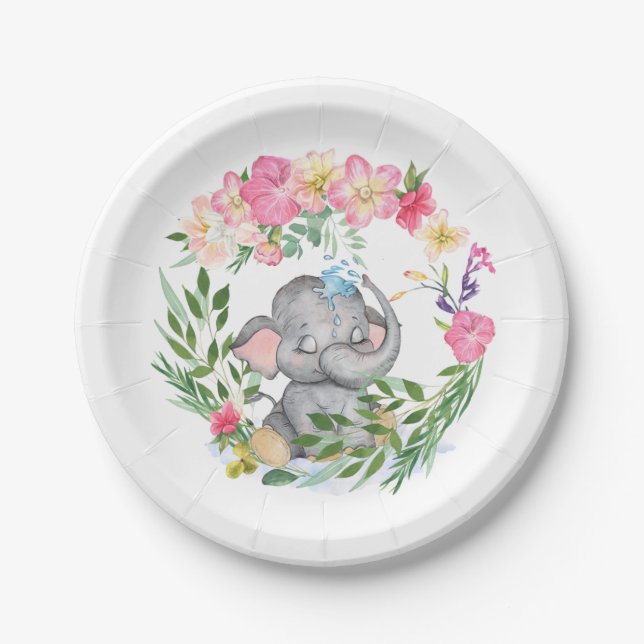 Niedlicher Elephant Florals Foliage Pink Babydusch Pappteller (Vorderseite)