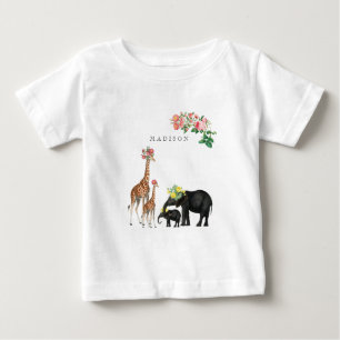 Niedlicher Elephant & Giraffe Bloral Name Baby Baby T-shirt
