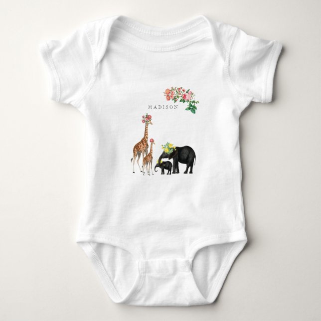 Niedlicher Elephant & Giraffe Bloral Name Baby Strampler (Vorderseite)