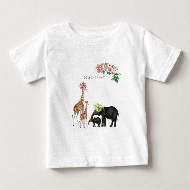 Niedlicher Elephant & Giraffe Bloral Name Baby T-shirt (Vorderseite)