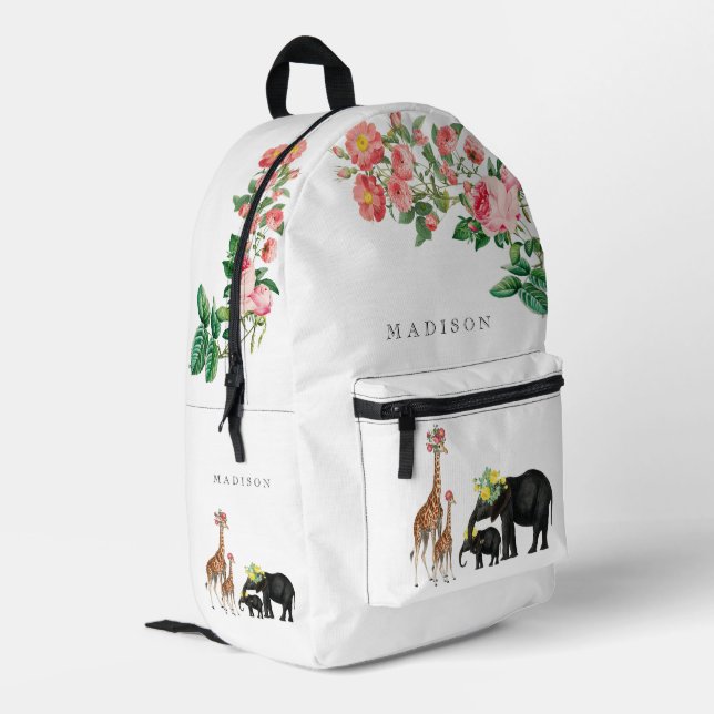 Niedlicher Elephant & Giraffe Individuelle Name Bedruckter Rucksack (Rückseitige Ecke links)