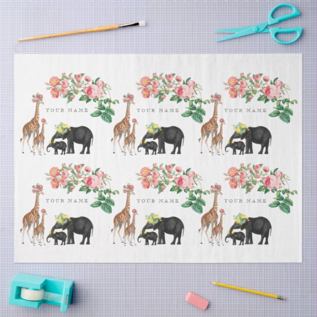 Niedlicher Elephant & Giraffe Individuelle Name Seidenpapier (Basteln)