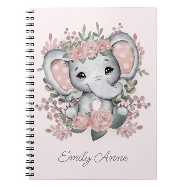 Niedlicher Elephant Pink Floral Child Name Notizblock (Vorderseite)