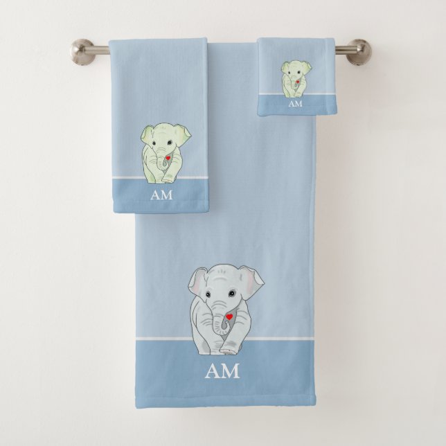 Niedlicher Elephant und Monogramm auf leichtem Won Badhandtuch Set (Insitu)