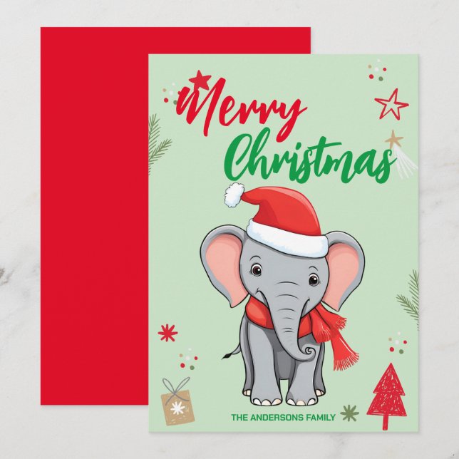 Niedlicher Elephant Weihnachtsbaum Familienname Feiertagskarte (Vorne/Hinten)