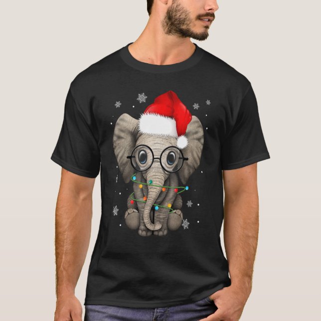 Niedlicher Elephant Weihnachtslicht Weihnachtsmann T-Shirt (Vorderseite)