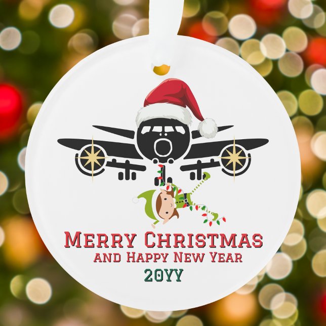 Niedlicher Elf im Flugzeug & Weihnachtsmannmütze,  Ornament (Von Creator hochgeladen)