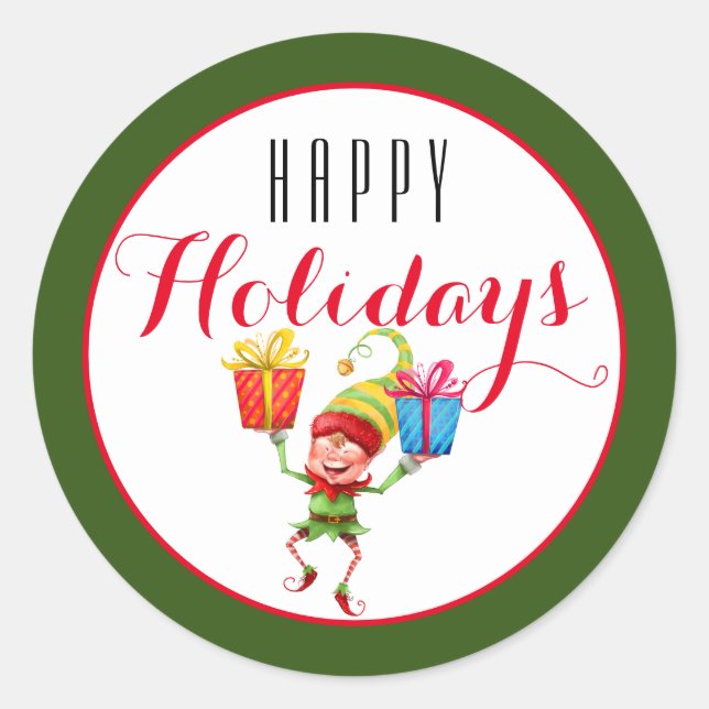 Niedlicher Elf mit Geschenken Glücklicher Urlaub/G Runder Aufkleber (Vorderseite)