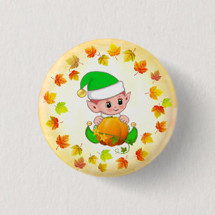 Niedlicher Elf mit Pumpkin und Holiday-Herbstlaube Button
