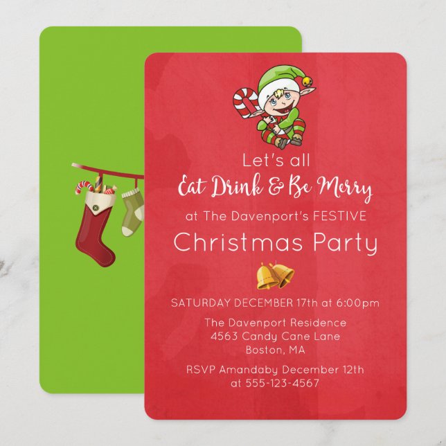 Niedlicher Elf mit Weihnachtsfeiertag Einladung (Vorne/Hinten)
