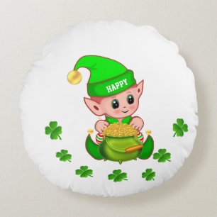Niedlicher Elf, Topf mit Gold & Glückskleeblätter Rundes Kissen
