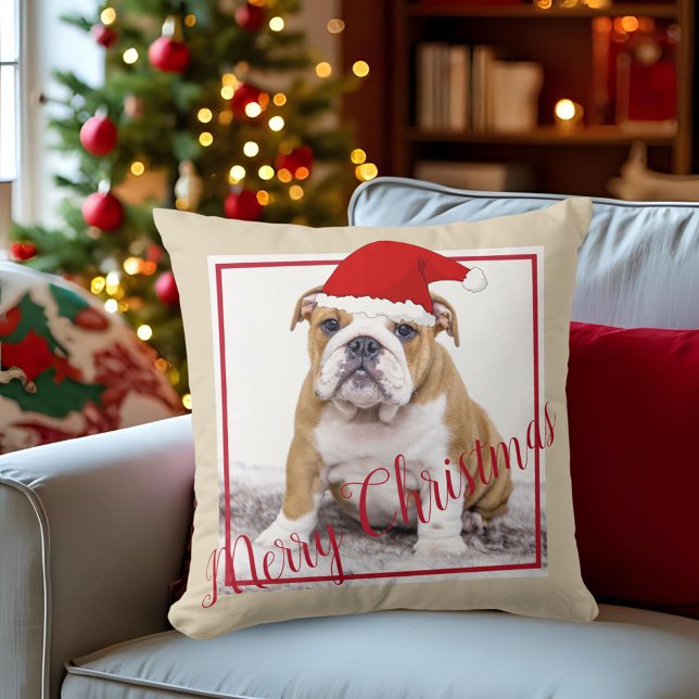 Niedlicher englischer Bulldog Frohe Weihnachts-Fot Kissen (Von Creator hochgeladen)