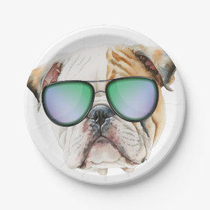 Niedlicher englischer Bulldog mit Sonnenbrille, lu Pappteller