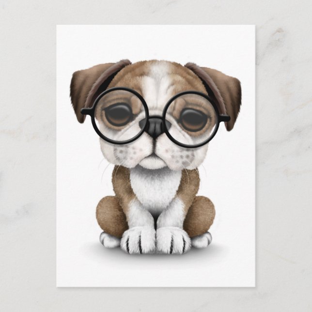 Niedlicher englischer Bulldog Welpe mit Brillen Wh Postkarte (Vorderseite)