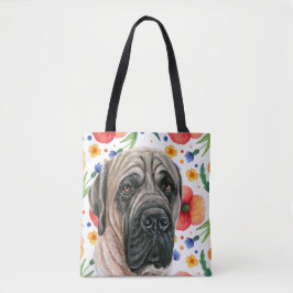 Niedlicher englischer Mastiff mit rotem Mohn-Blume