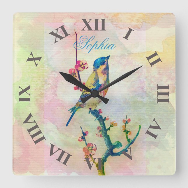 Niedlicher entzückender Vintager Wasserfarbevogel Quadratische Wanduhr (Vorderseite)