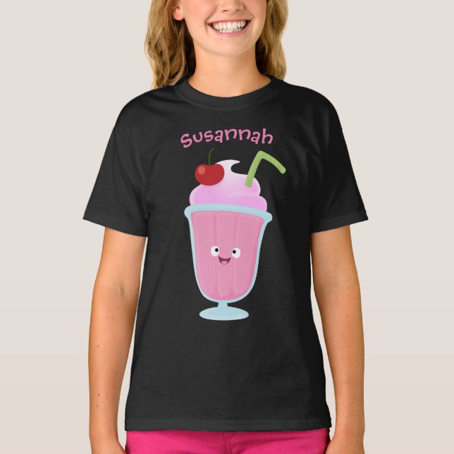 Niedlicher Erdbeereis Sundae Cartoon T-Shirt (Vorderseite)