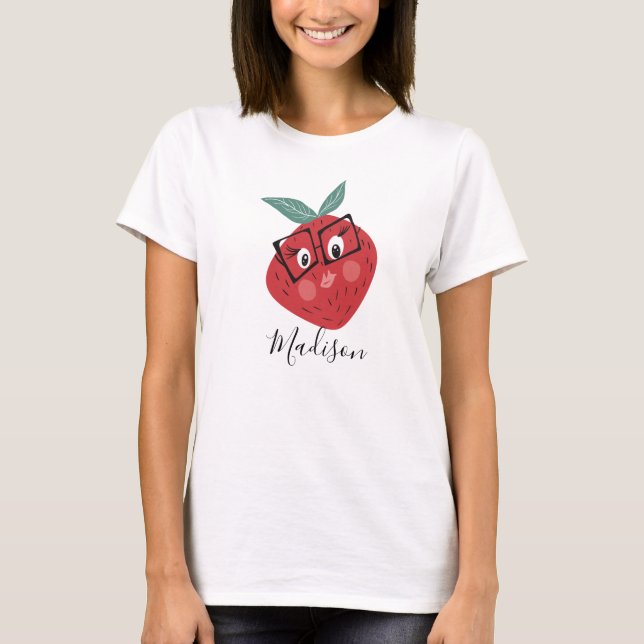 Niedlicher Erdbeerhandname Cartoon T-Shirt (Vorderseite)