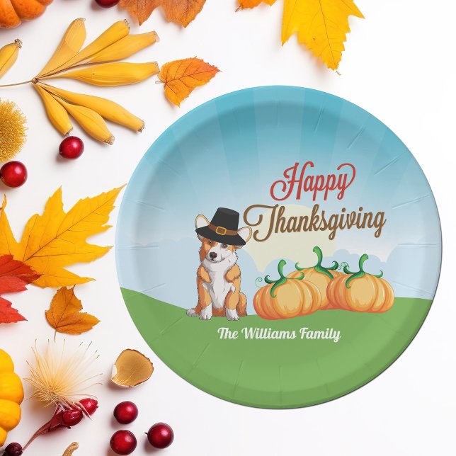 Niedlicher Erntedank Corgi in Pilgrim Hat Custom Pappteller (Von Creator hochgeladen)