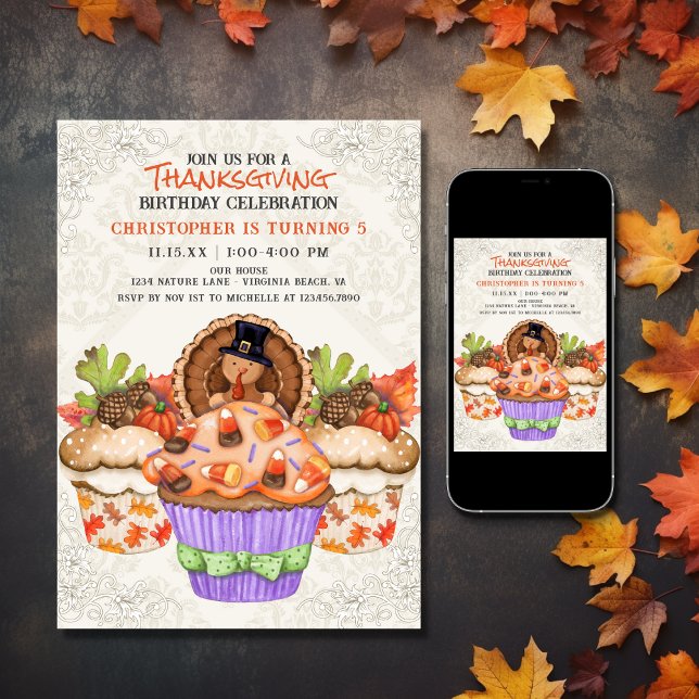 Niedlicher Erntedank Cupcakes Urlaub Geburtstag Einladung (Printed and Digital - Cute Thanksgiving Cupcakes Holiday Birthday Invitation)