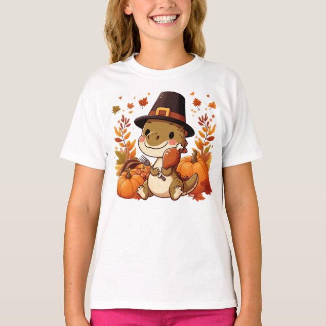 Niedlicher Erntedank Dinosaurier T-Shirt (Vorderseite)